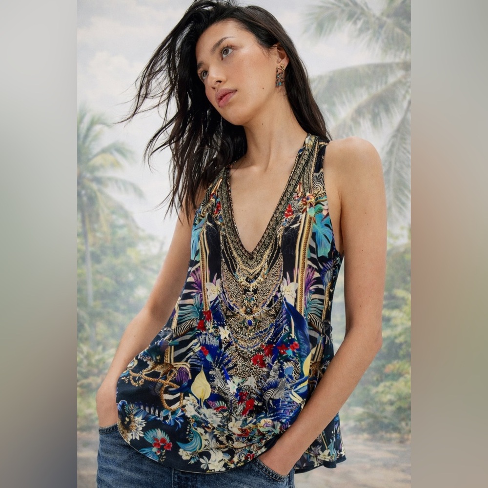 CAMILLA SILK EMBELLISHED RAINBOW ROOM TANK TOP